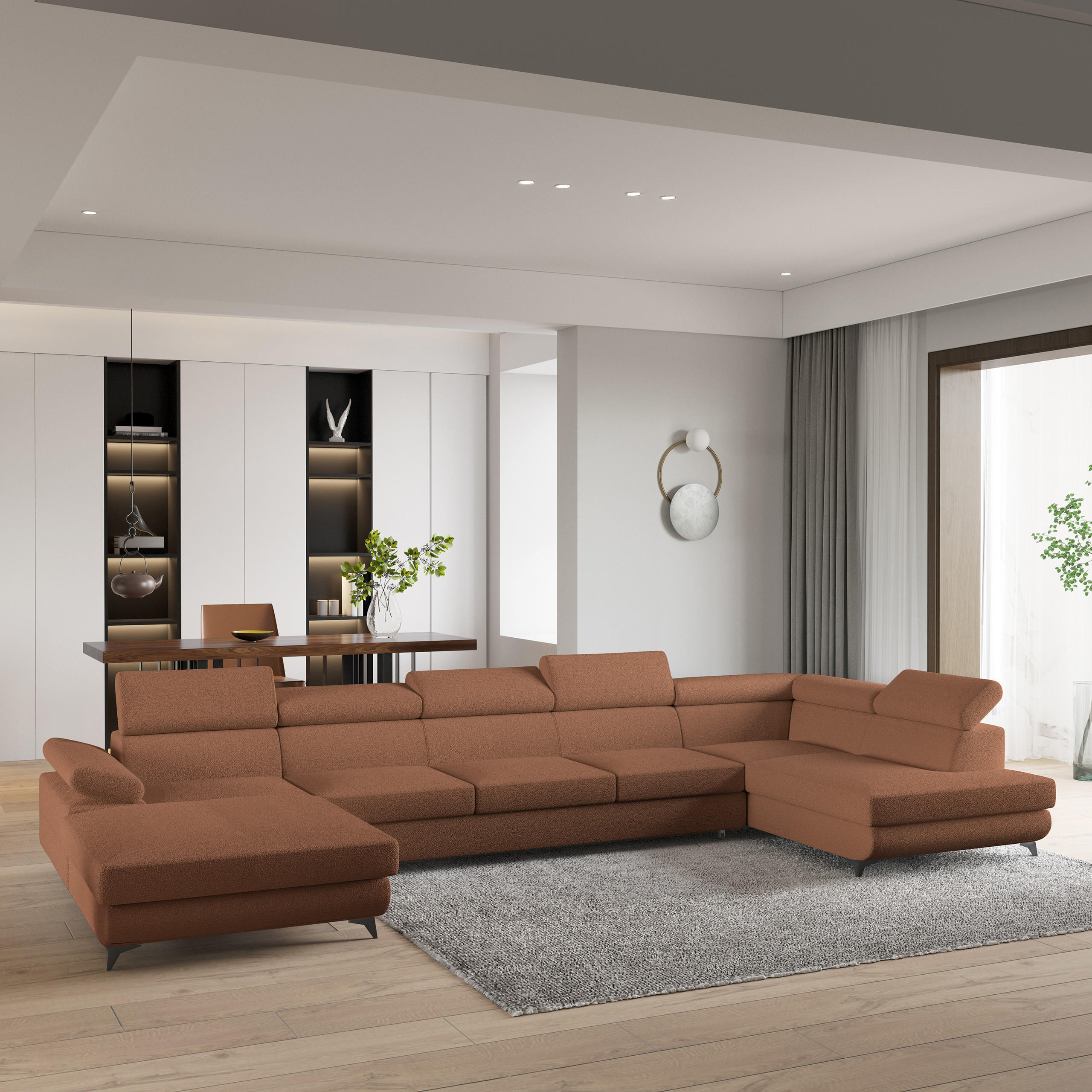 WOHNLANDSCHAFT MONTIVA Kupferfarben Boucle-Stoff mit Schlaffunktion - Kupferfarben, Holz (410/89/190cm) - MASSENO