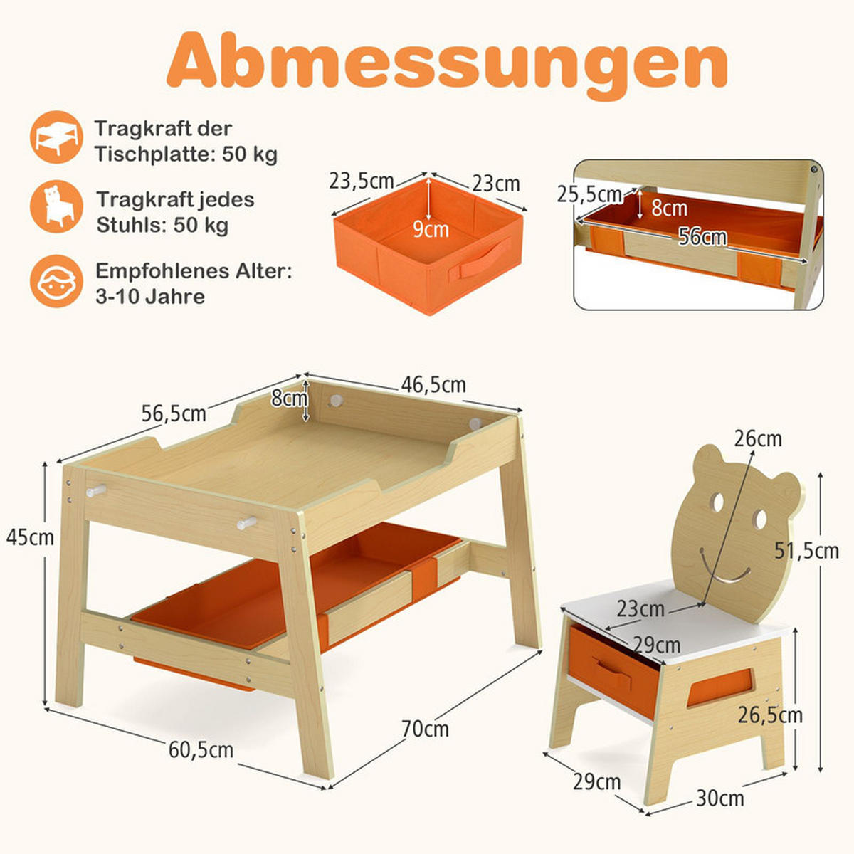 KINDERTISCH mit stuhl natur(3-tlg) - Naturfarben, Holzwerkstoff (70/45/60.5cm) - COSTWAY