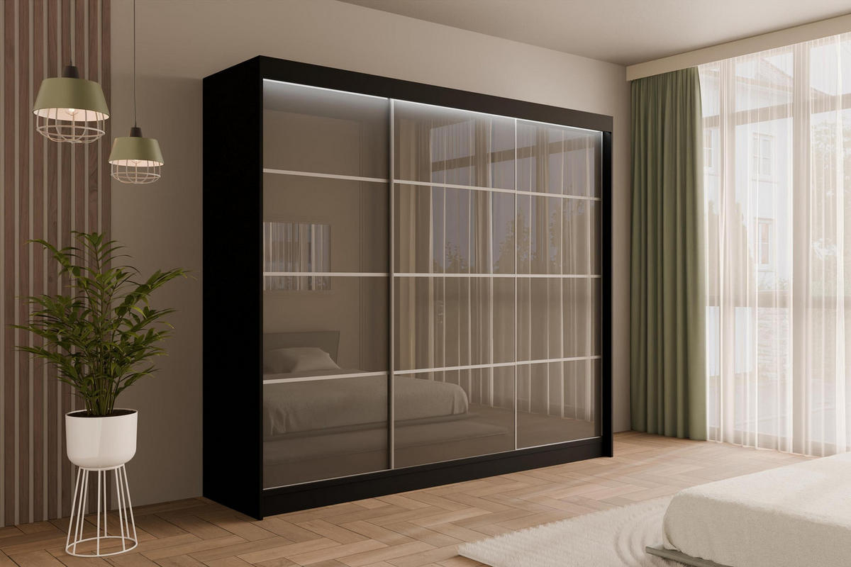KLEIDERSCHRANK PEKA III mit LED - 250 cm - Schwarz|Grau - Schwarz/Grau, Holzwerkstoff (250/215/61cm) - ALTDECOR