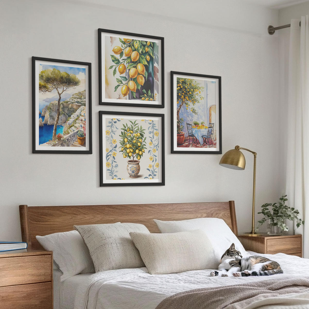 WANDBILDER 4er-Set - 50x50 cm & 40x60 cm Schwarzer Rahmen - Zitronenbäume am Meer - Schwarz, Kunststoff (50/50cm) - ArtPrintCave