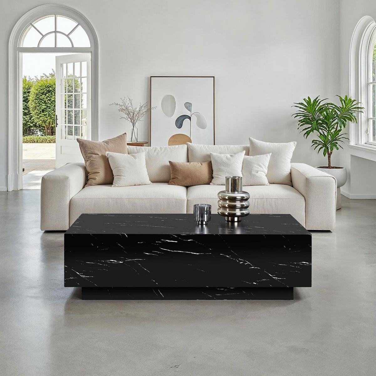 COUCHTISCH Lasley,inkl. Bodenschoner, Belastbarkeit 45 kg,Marmor Optik schwarz - Schwarz, Holz (60/120/35cm) - tectake