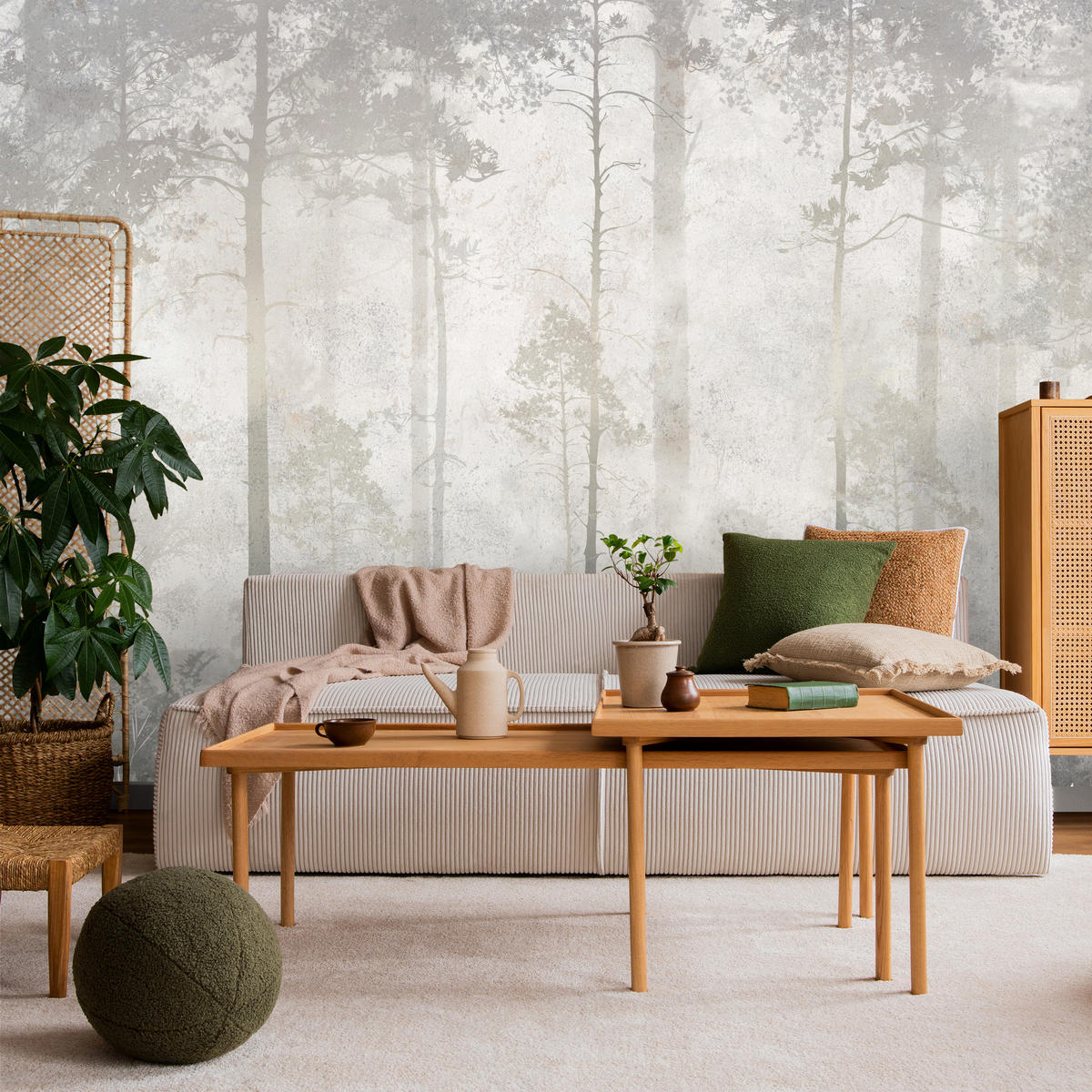 FOTOTAPETE für Wohnzimmer Nebliger Wald Vintage Bäume 300x210 - Beige/Grau, Papier (300/210cm) - Muralo