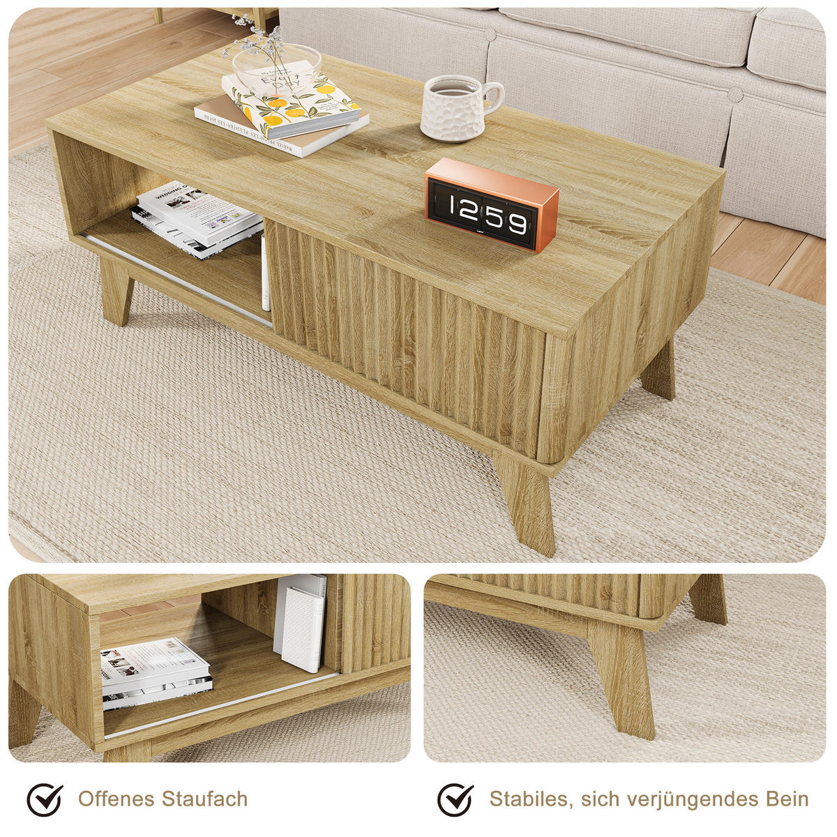 COUCHTISCH holzoptik mit schiebetür und offenem fach - Eichefarben, Holz (95/41/48cm) - SHOPENTRA