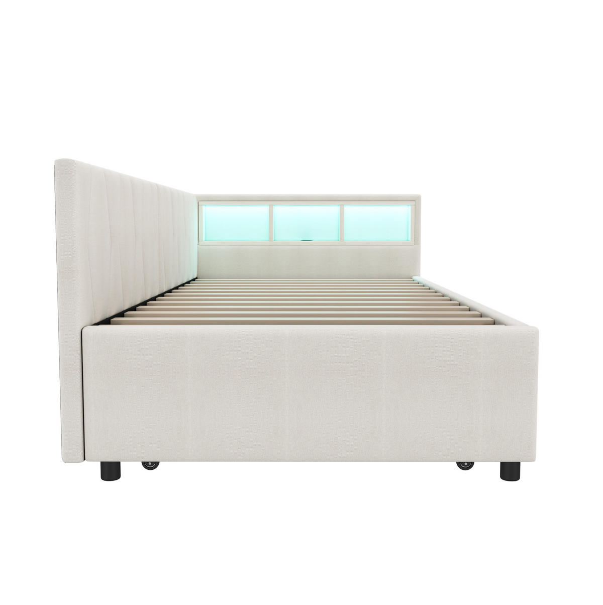 POLSTERBETT mit LED-Beleuchtung 90/200 cm mit Ausziehbett und USB, Beige - Beige, Textil (90/200cm) - BEAOK