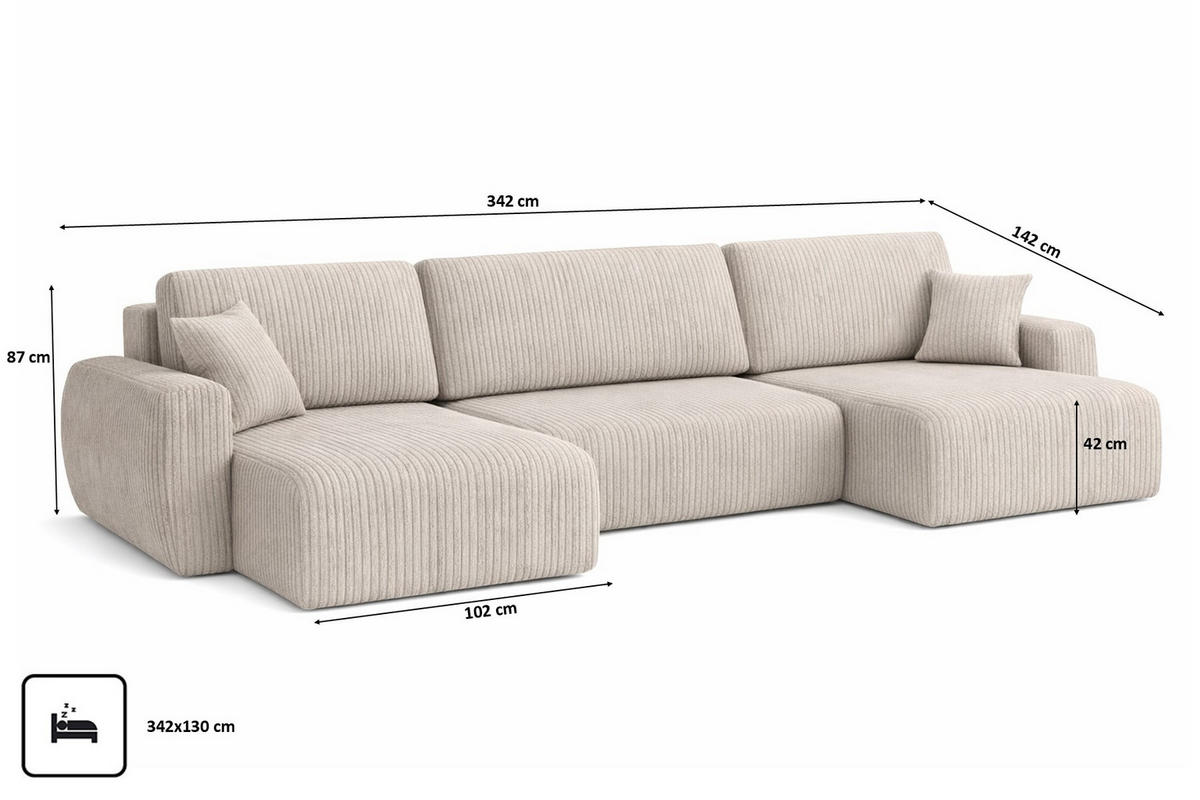 ECKSOFA Mit Schlaffunktion Und Bettkasten U-Form Ariel U, Cordstoff Poso, Beige - Beige, Holz (342/142cm) - Kaiser Möbel