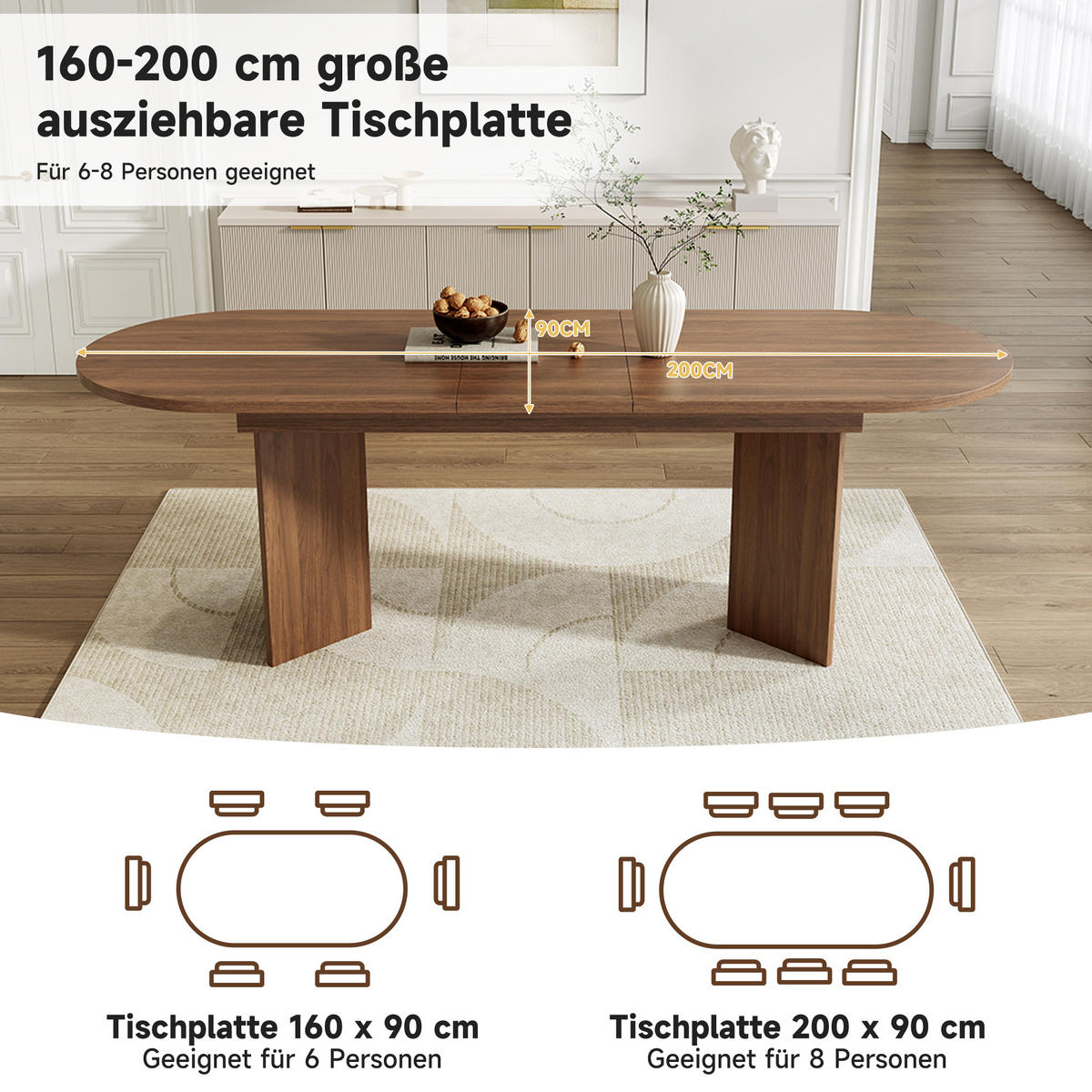 ESSTISCH in Nussbaumfarben ausziehbarer Küchentisch mit abgerundeten Ecken und verdickter Tischplatte, B160-200/T90/H75cm - Nussbaumfarben, Holzwerkstoff (90/200/75cm) - STILVORA