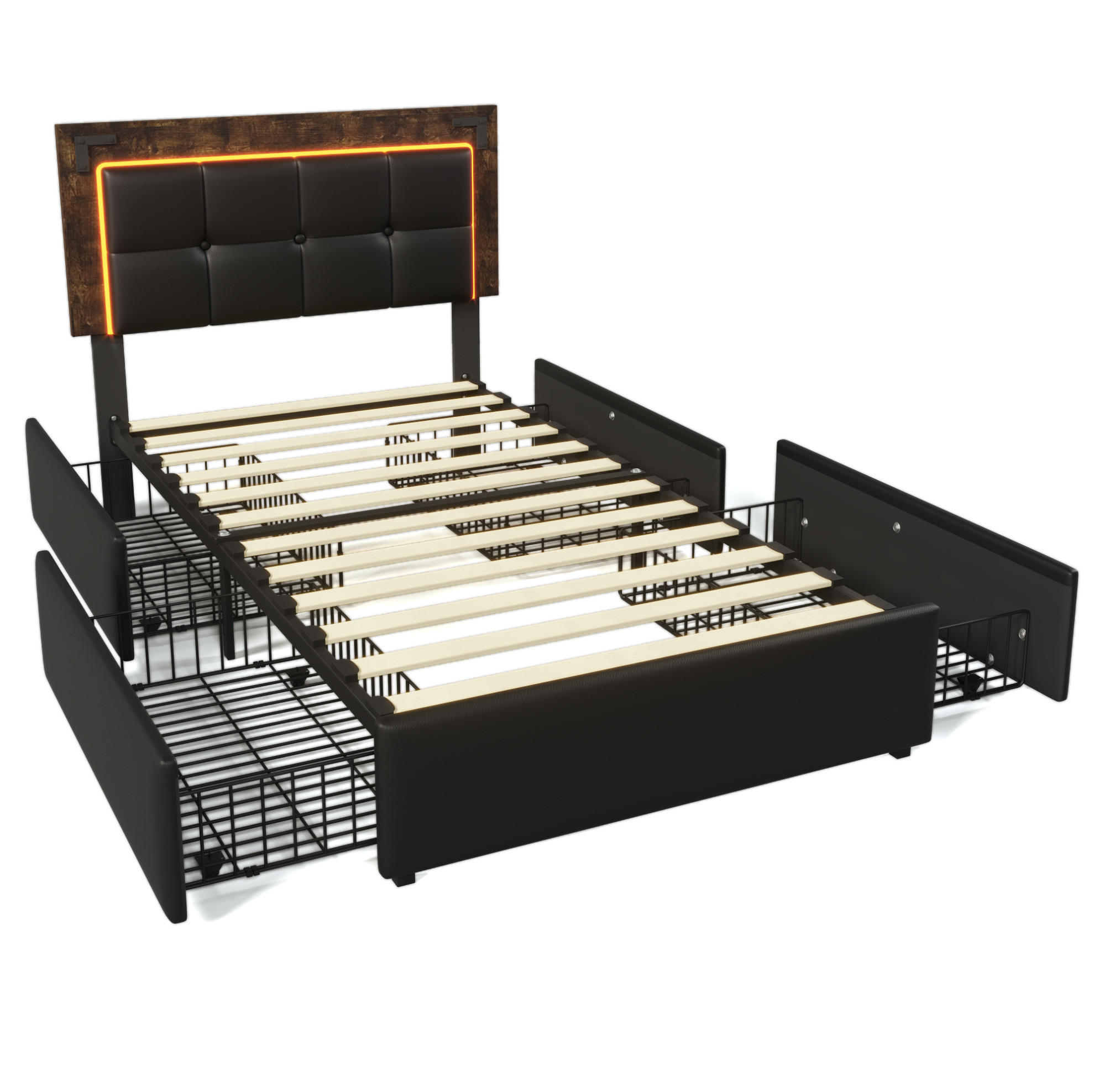POLSTERBETT 90/200 cm mit LED-Beleuchtung, 4 Schubladen, verstellbarem Kopfteil und PU-Kunstleder, und Matratze,Schwarz - Schwarz, Kunststoff (90/200cm) - Redom