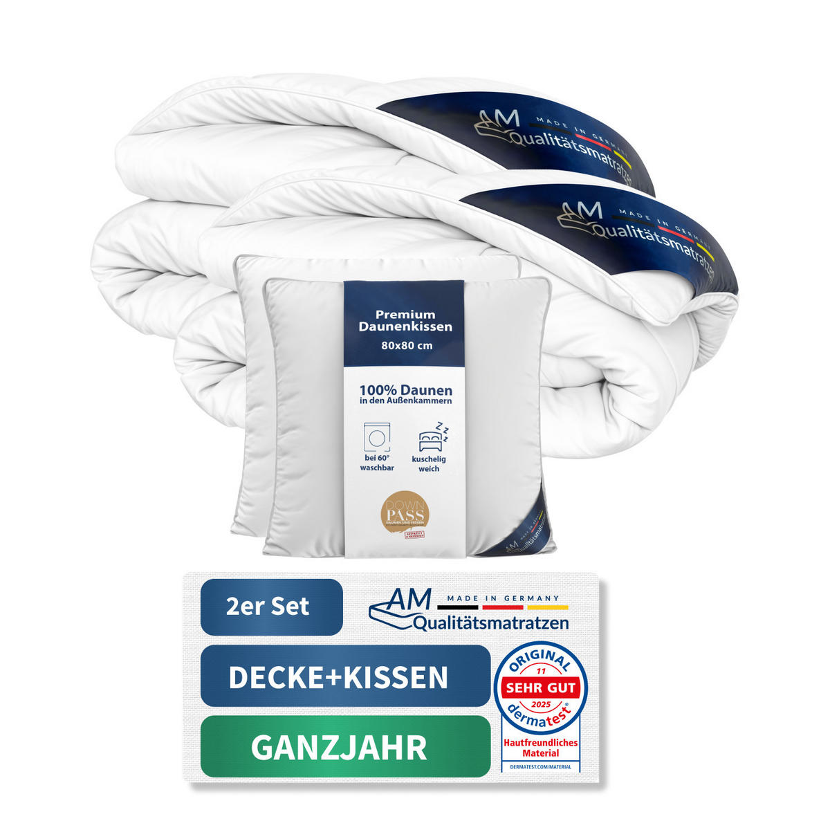 BETTWAREN SET Daunen Winter 155/220cm, Kissen 80/80 cm 2er Set - Weiß, Textil (155/220cm) - AM Qualitätsmatratzen