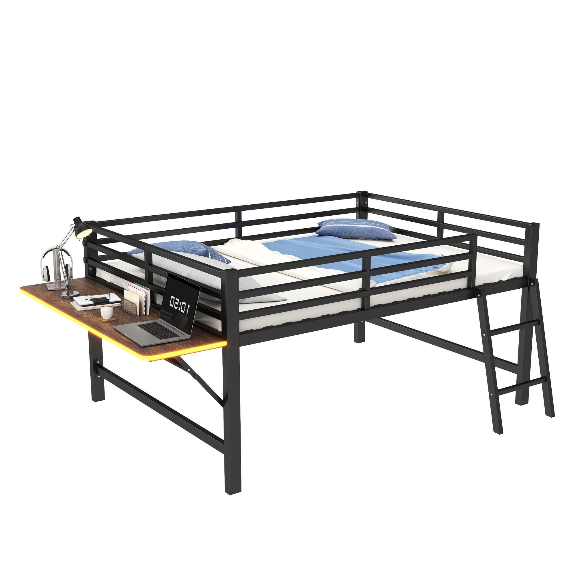 HOCHBETT 140/200 cm Schwarz mit LED und Schreibtisch - Schwarz, Metall (140/200cm) - MIVRAY