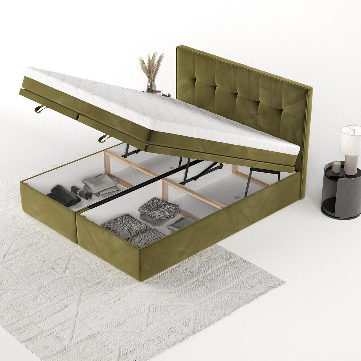 BOXBETT Arivo 160/200 cm Olivgrün im Kronos Stoff - Schwarz/Olivgrün, Holz/Holzwerkstoff (160/200cm) - AltaBeds