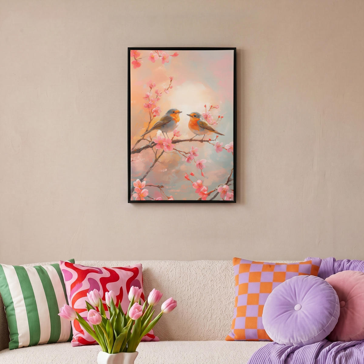 LEINWAND Bilder mit Rahmen - Rotkehlchen - Zierpflanze - Blütenzweig - 40x60 - Hellrosa, Textil (40/60cm) - MuchoWow