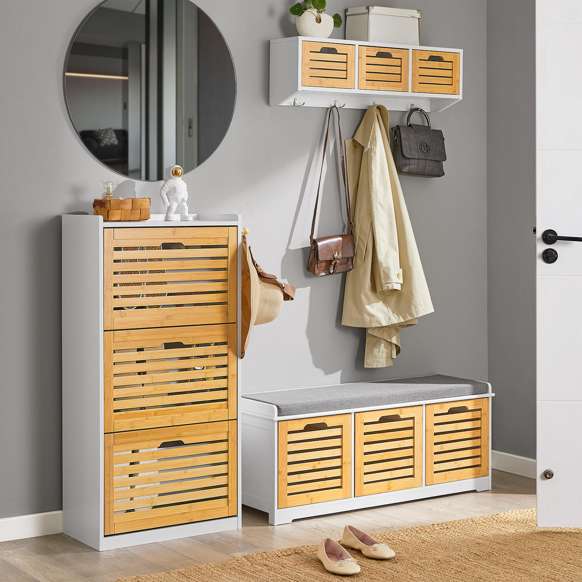 SCHUHSCHRANK Weiß-Natur - Naturfarben, Holzwerkstoff (55/112/30cm) - SoBuy