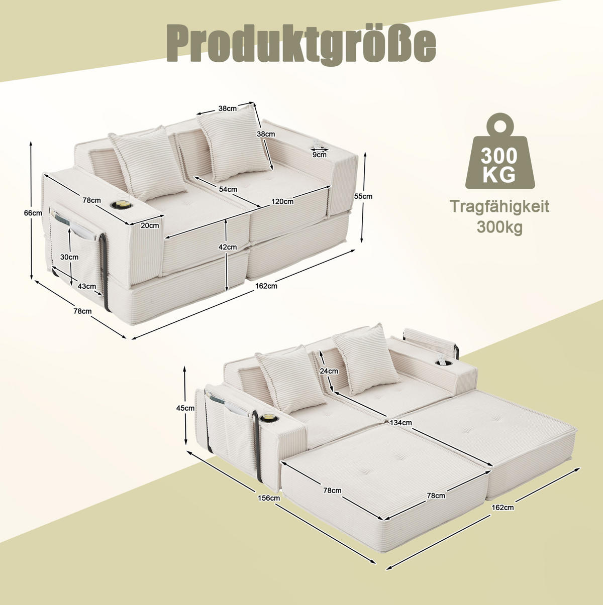 SOFA 2-Sitzer mit Kissen 162 x 78 x 66 cm Cord Beige - Beige, Kunststoff (78/66/162cm) - Meubliv