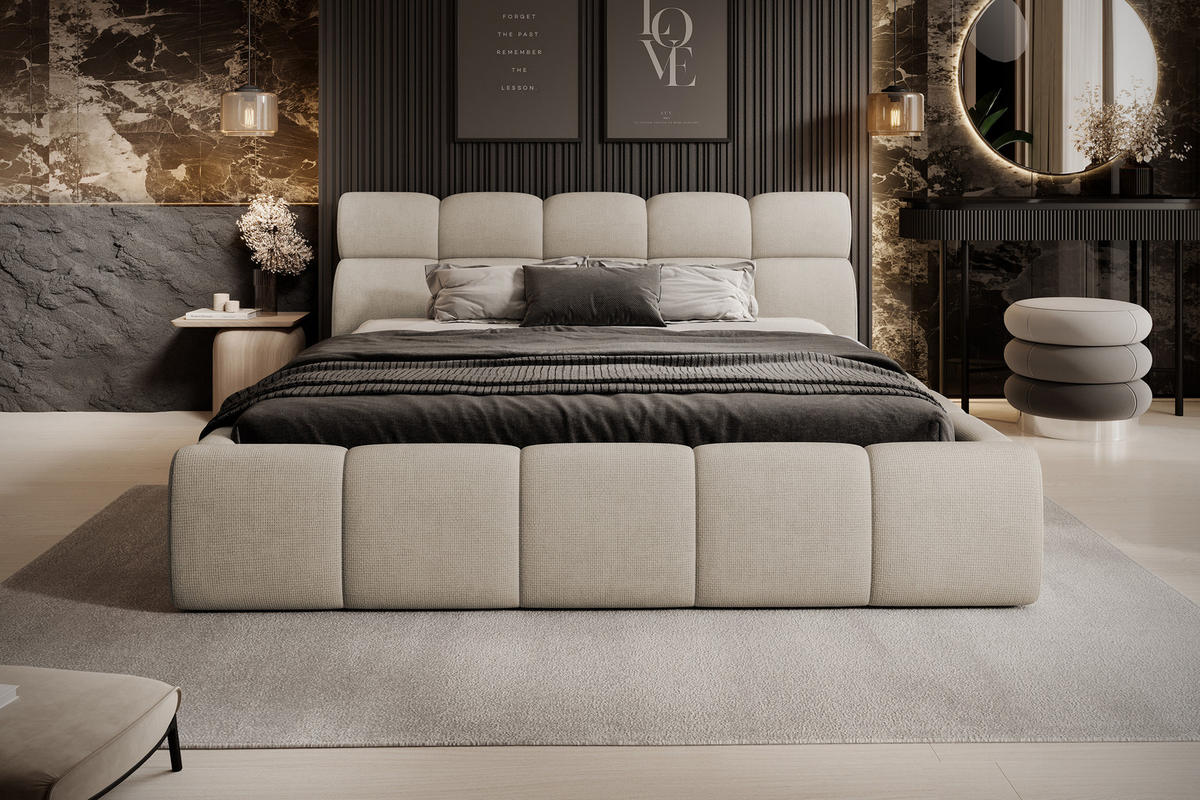 POLSTERBETT GIULIA, komfortabel, mit Bettkasten, verstellbarem Kopfteil und LED, 140x200x96 cm, Farbe Beige - Beige/Schwarz, Holzwerkstoff/Kunststoff (140/200cm) - DomoHome