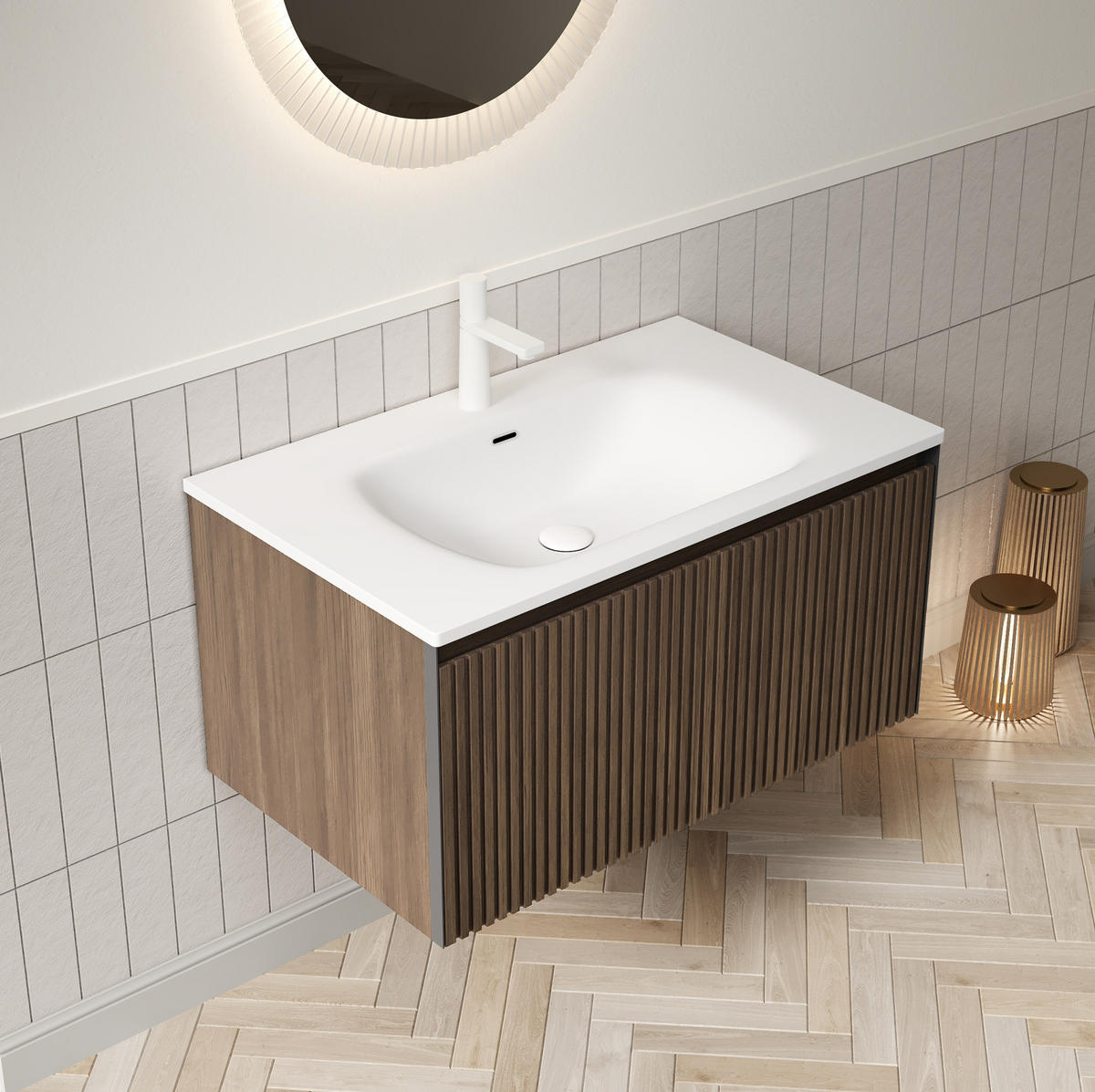 WASCHTISCHKOMBI 80x46x41.8cm Brown Oak/Weiß mit Harzbecken & Schwebe-Design - Braun, Keramik (80/41.8/46cm) - Modfu