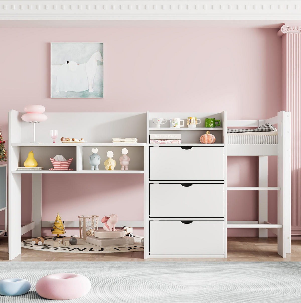 VISOKI krevet 90/200 cm s velikim spremištem, sigurnosnom ogradom i stabilnim ljestvama, Bijela - bijela, drvo (90/200cm) - Redom