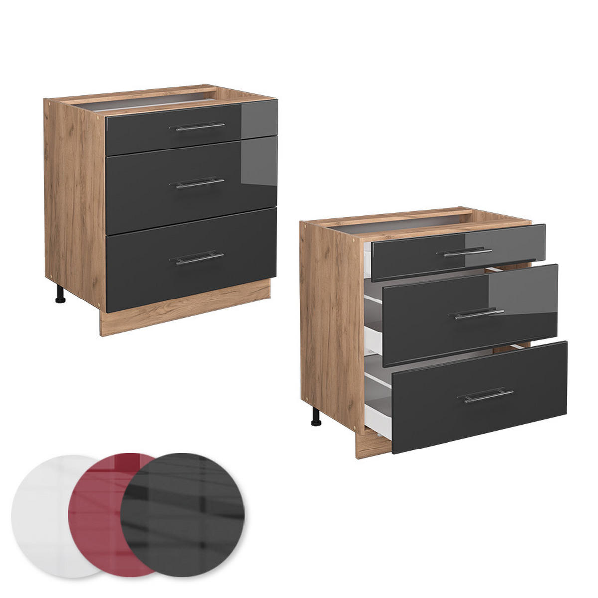 KÜCHENUNTERSCHRANK Fame-Line Anthrazit Hochglanz 80 cm AP Anthrazit - Anthrazit/Eiche Wotan, Holzwerkstoff (80/82/60cm) - Vicco