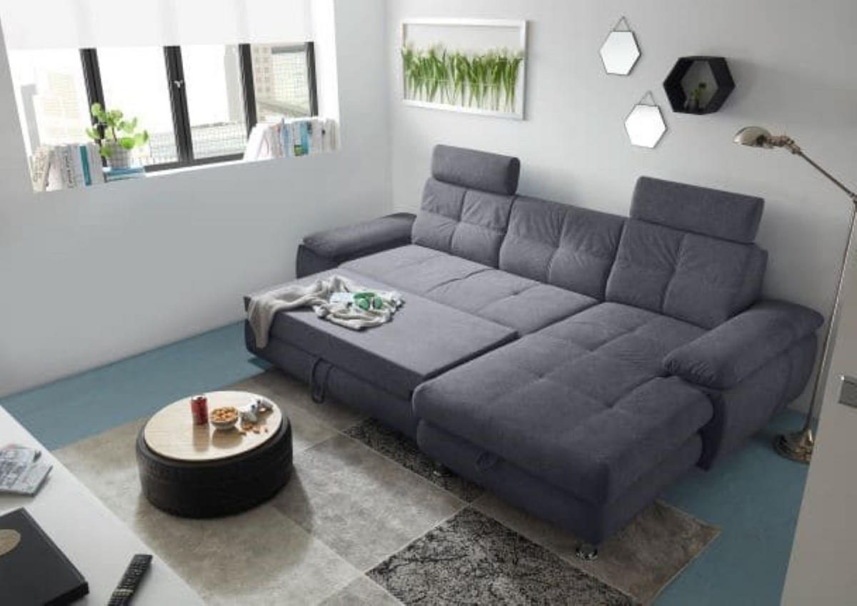 ECKSOFA mit Schlaffunktion und Bettkasten, Brego-Stoff - Chromfarben/Anthrazit, Textil/Metall (177/274cm) - ed exciting design