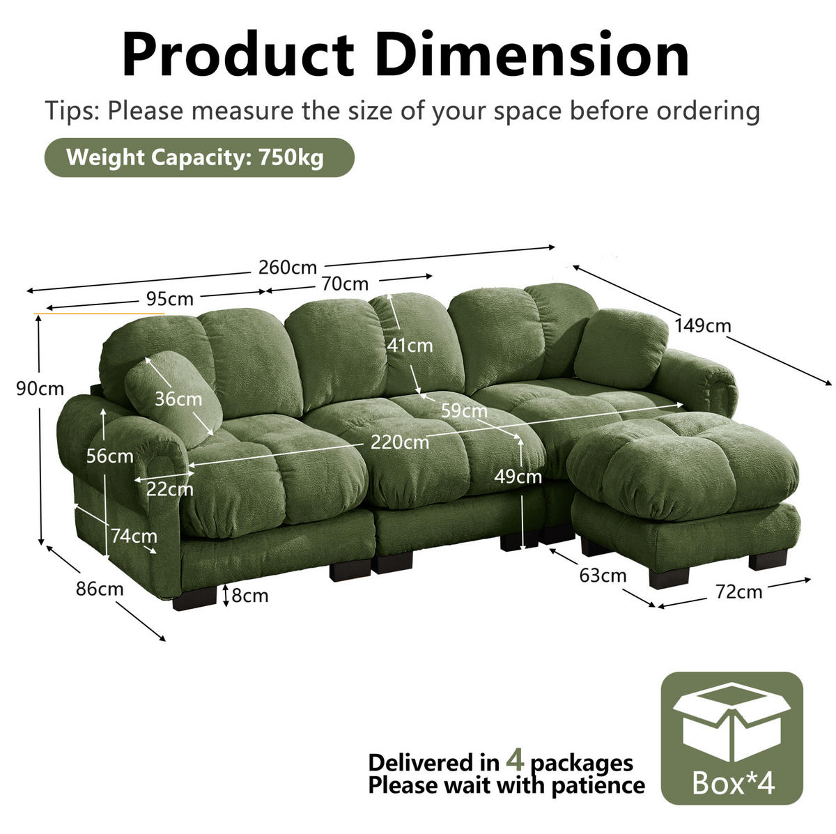 SOFA in L-Form 3-Sitzer mit Hocker Chenille Grün - Grün, Holz (149/260cm) - Meubliv