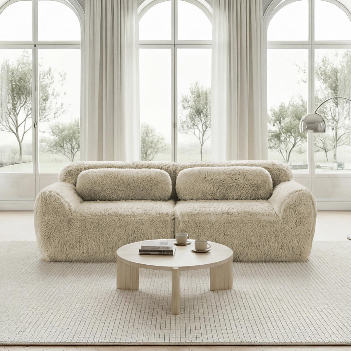 SOFA in Hellkhaki aus Plüsch mit rutschfester Basis und Kissen - Sandfarben, Textil (104/73/204cm) - Flora Grace