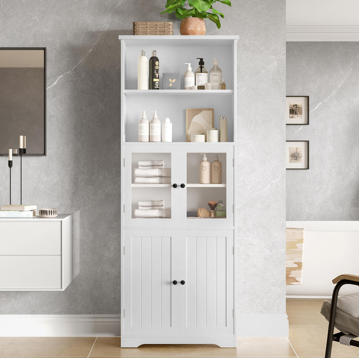 HIGHBOARD 57,5/28,5/160 cm in Weiß mit Glastüren und offenen Fächern - Weiß, Holzwerkstoff (57.4/160/28.5cm) - BEAOK