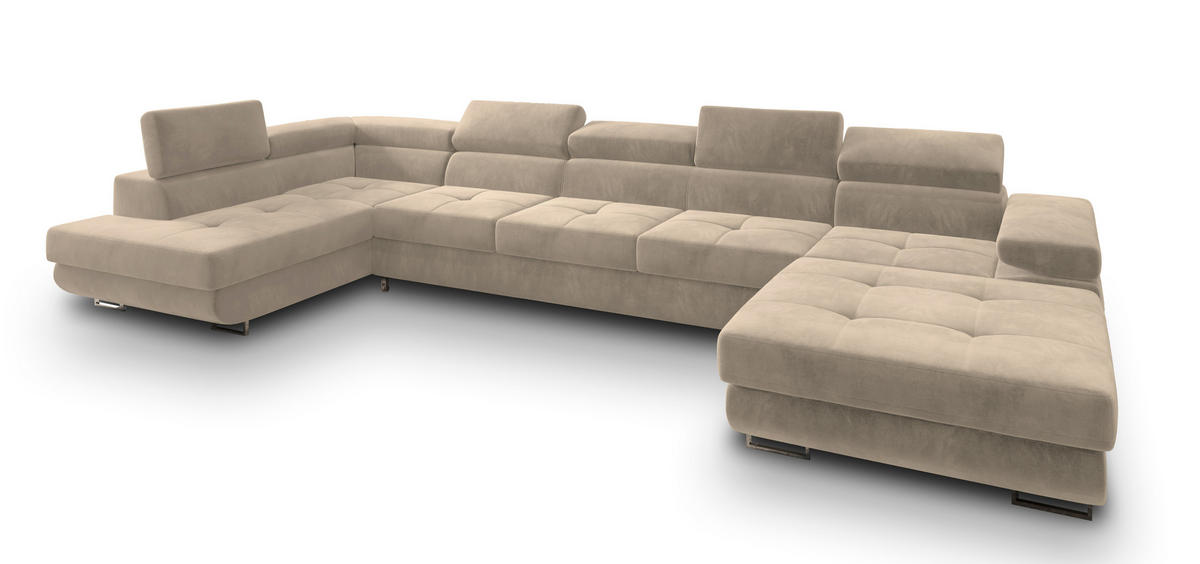 WOHNLANDSCHAFT TORIVA L-S Creme Velours-Stoff mit Schlaffunktion - Creme, Holz (418/90/202cm) - MASSENO
