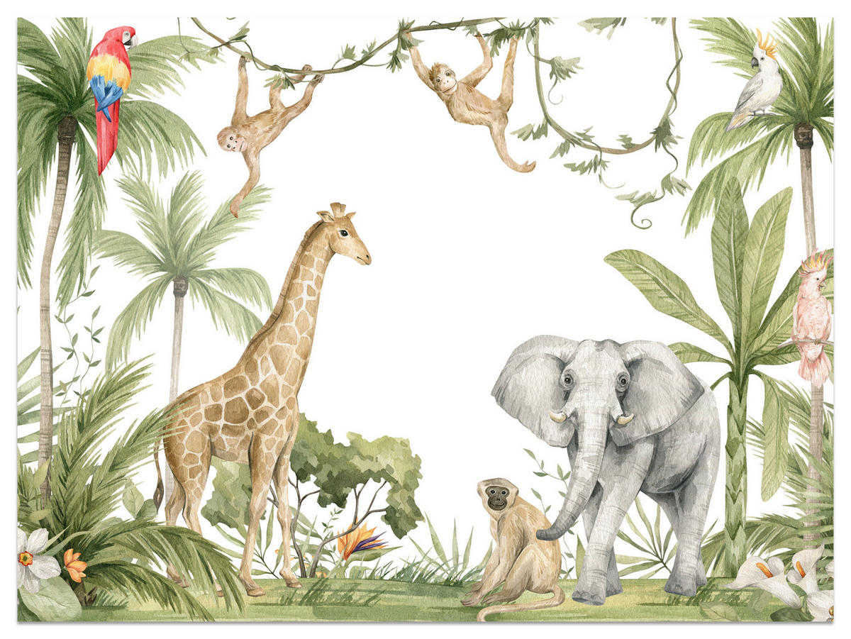 FOTOTAPETE für Kinderzimmer Dschungel Tiere Giraffe Elefant Palmen 400x280 - Beige/Rot, Papier (400/280cm) - Muralo