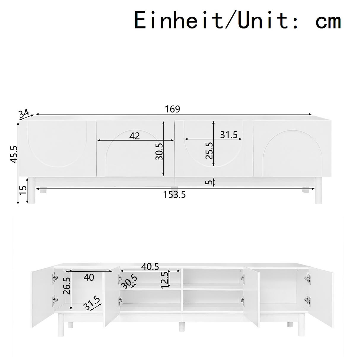 TV-LOWBOARD aus MDF und Holzwerkstoff 169x34x45,5 cm Weiß mit 4 Türen und Einlegeböden - Weiß, Holzwerkstoff (169/45.5/35cm) - Modfu
