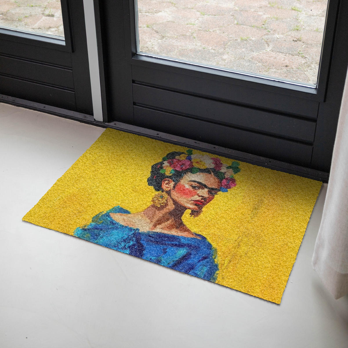 FUSSMATTE Frida Kahlo - Frau - Gelb - Blau - Blumen Schmutzfangmatte 90x60 cm - Gelb, Kunststoff (90/0.4cm) - MuchoWow