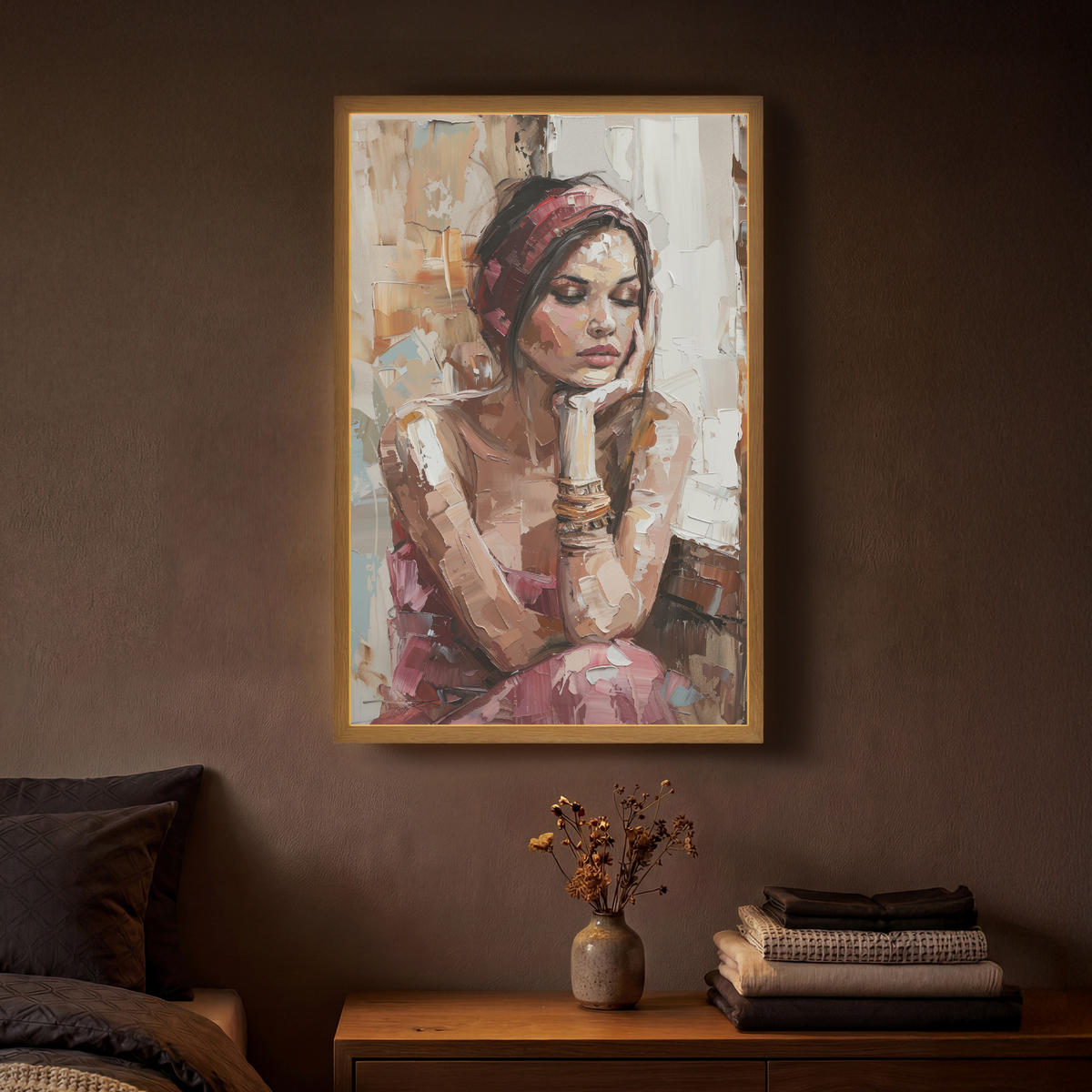 NÁSTĚNNÁ LAMPA S AKUMULÁTOREM Žena - vzhled malby - portrét - moderní 40x60 cm - hnědá, kompozitní dřevo (40/60/8cm) - OnlyWow