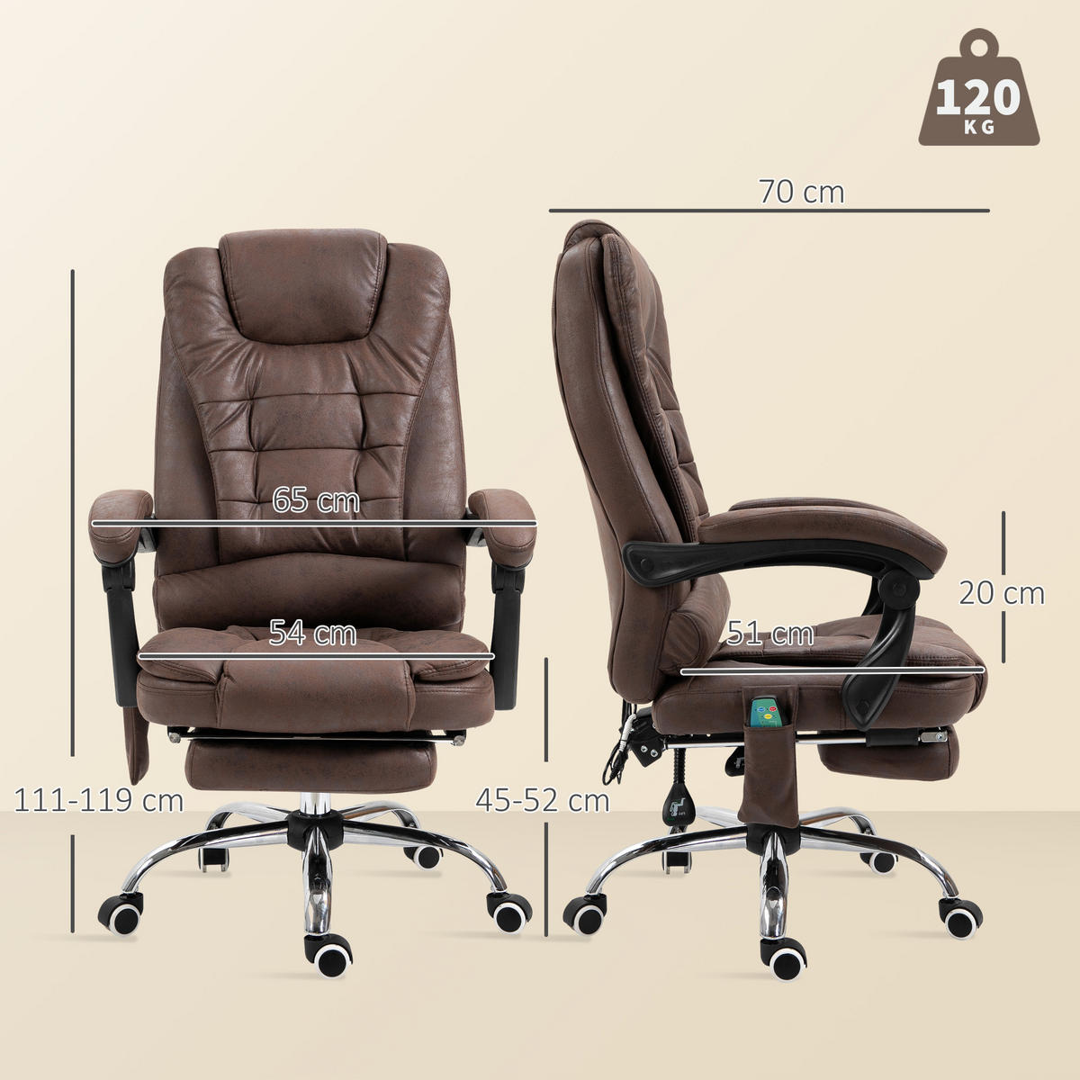 CHEFSESSEL mit Massagefunktion, Ergonomisch Schreibtischstuhl mit Liegefunktion - Silberfarben/Braun, Kunststoff/Textil (70/119/65cm) - Vinsetto