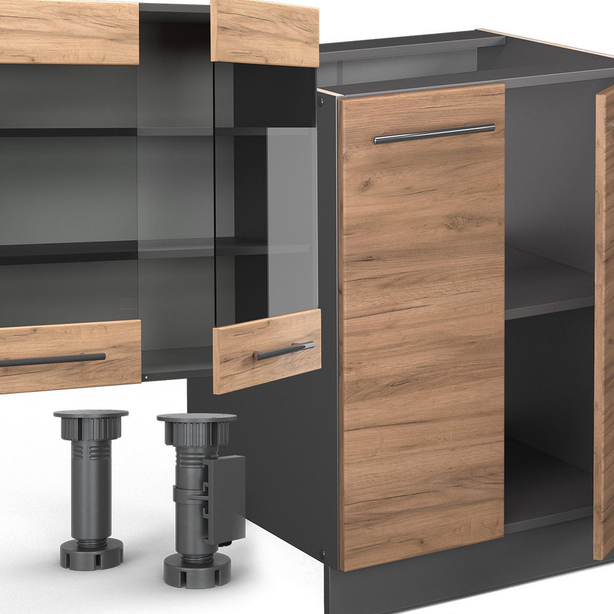 KÜCHENZEILE Fame-Line Goldkraft Eiche/Anthrazit 300 cm mit Hochschrank AP Eiche - Anthrazit/Eiche Wotan, Holzwerkstoff (300/81.6/60cm) - Vicco