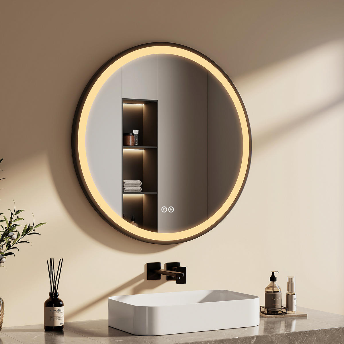 OGLINDA de baie cu LED-uri Ø 80 cm - negru, sticlă (80/80/3cm) - EMKE