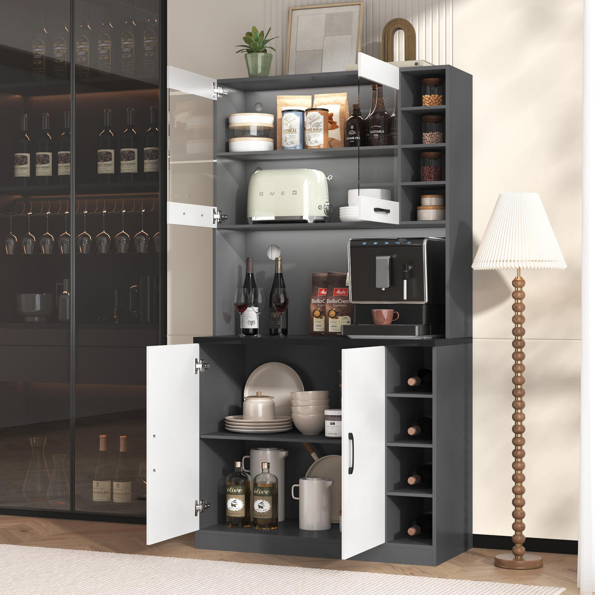 KÜCHENSCHRANK aus MDF 100x47x187 cm Grau/Weiß mit LED-Beleuchtung und Mikrowellenfach - Weiß, Holzwerkstoff (100/187/47cm) - IVMEU