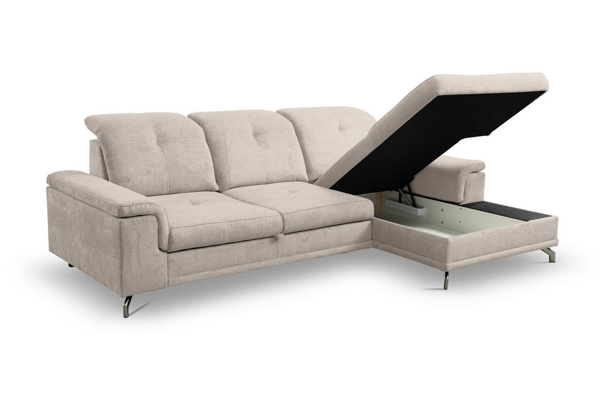 ECKSOFA PANAMA mit Schlaffunktion und Bettkasten, Farbe: Beige, Velourstoff, Ottomane Rechts - Beige, Textil (270/180cm) - VENASI MÖBEL