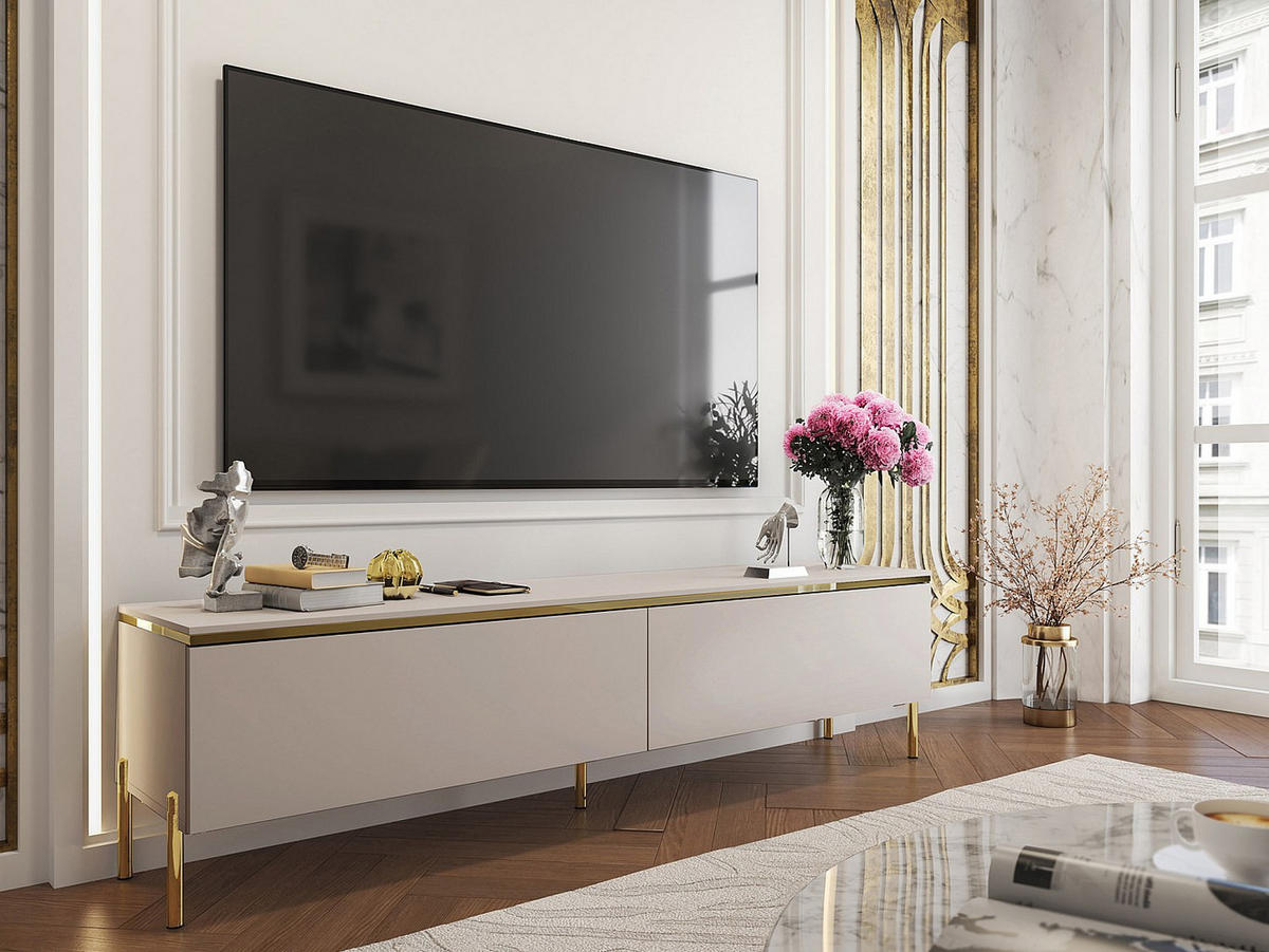 TV-MÖBEL mit 2 Türen - Beige & Goldfarben - VUKIA - Beige, Holz (39.6/46.8/180cm) - Pascal Morabito
