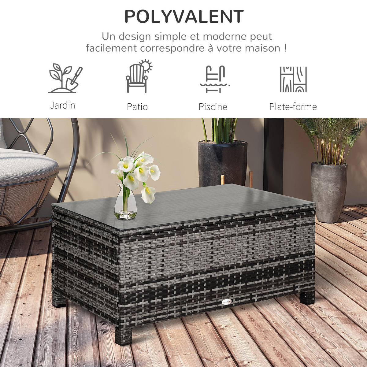GARTENBEISTELLTISCH DE-13569 mit Geflecht und Glasplatte Grau - Grau, Metall (85/50/39cm) - ComfortXL