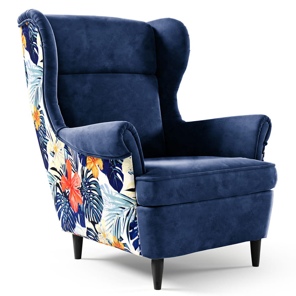 OHRENSESSEL Havana im skandinavischen Stil, Dunkelblau, mit Beinen in Wengefarbe - Wengefarben/Dunkelblau, Holzwerkstoff (82/102/92cm) - Beautysofa