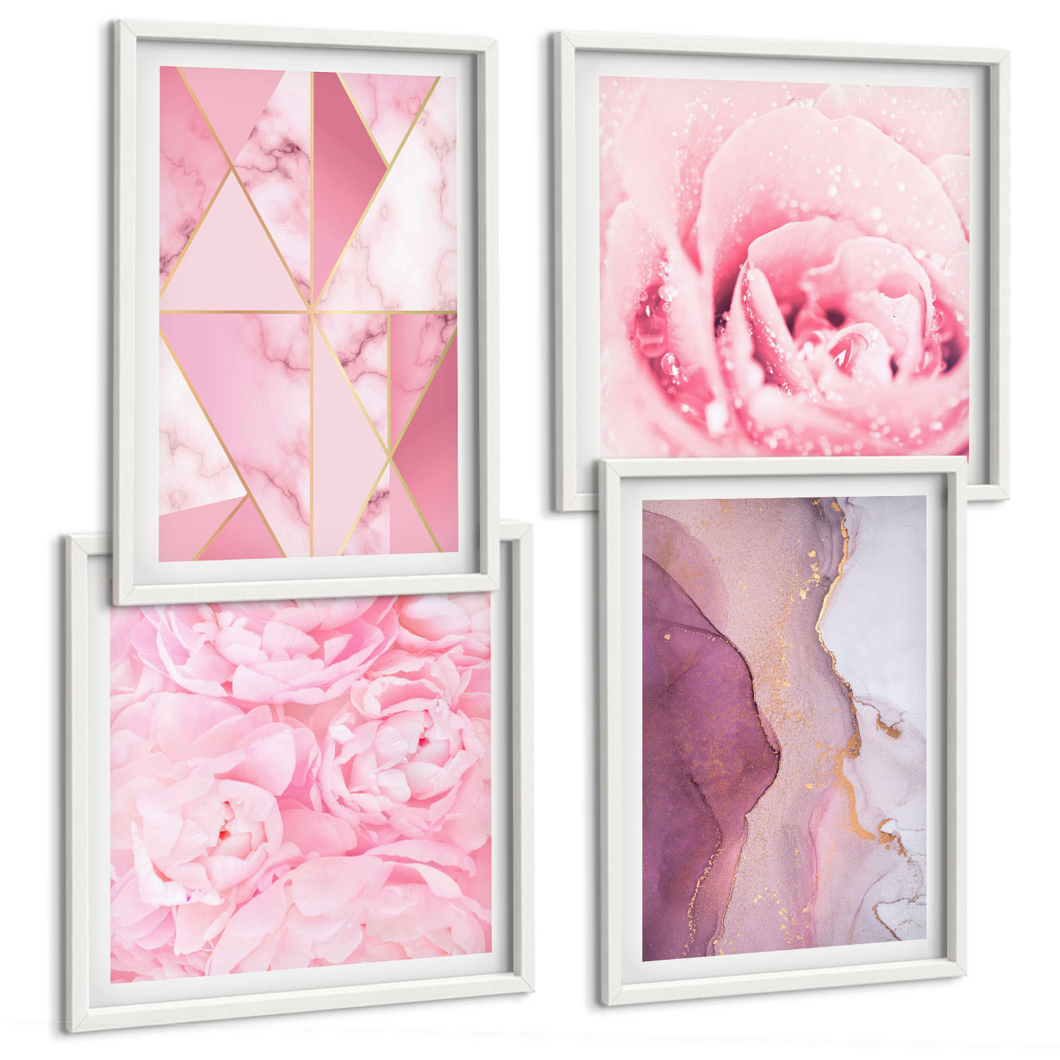 BILDER SET 4er Set - 50x50 cm & 40x60 cm Weißer Rahmen - Rosa geometrische Pfingstrosen - Weiß, Kunststoff (50/50cm) - TULUP