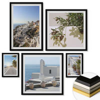 WANDBILDER 5er-Set - 50x50 cm & 20x30 cm & 40x60 cm Schwarzer Rahmen - Weiße Treppe mit Blick auf Santorini - Schwarz, Kunststoff (40/60cm) - ArtPrintCave