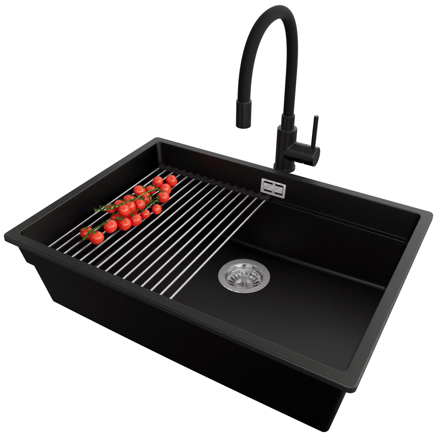 GRANITSPÜLE Praga Slim, 2-er set Schwarz 66/47 cm 1 Becken + Küchenarmatur 40/38 cm + Ablauf-Set + Aufrollbare Abtropffläche ab 70er Unterschrank - Chromfarben/Schwarz, Kunststoff (66/20/47cm) - Primagran