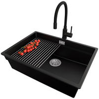 GRANITSPÜLE Praga Slim, 2-er set Schwarz 66/47 cm 1 Becken + Küchenarmatur 40/38 cm + Ablauf-Set + Aufrollbare Abtropffläche ab 70er Unterschrank - Chromfarben/Schwarz, Kunststoff (66/20/47cm) - Primagran