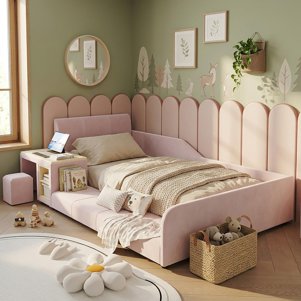 POLSTERBETT 90/200 cm in Pink mit Schreibtisch, Hocker und Ablageboden aus Samt - Rosa, Holzwerkstoff/Textil (90/200cm) - STILVORA