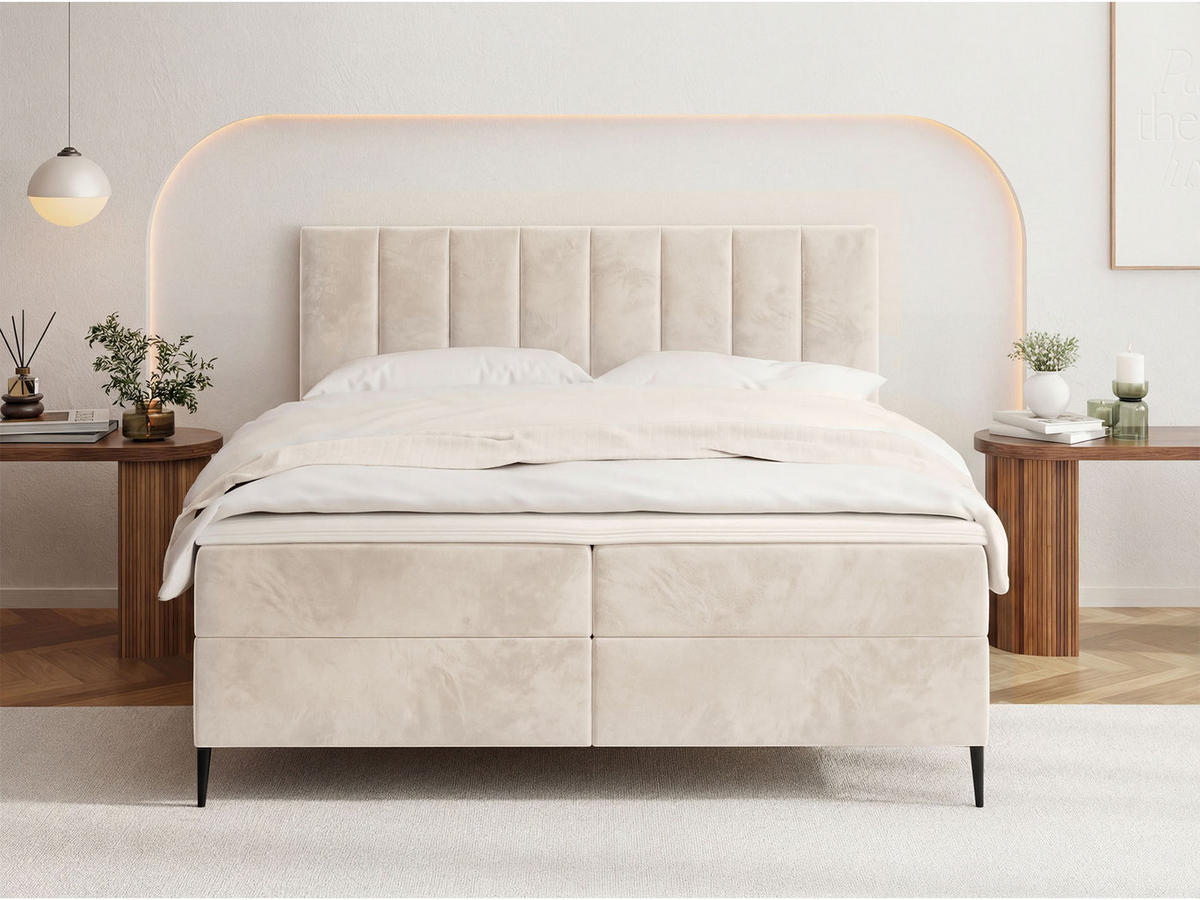 BOXBETT Allen mit Bettkasten, Samt Beige 180x200 cm – inkl. H4 Taschenfederkern Matratze & Foam Topper - Ecru/Beige, Holz/Holzwerkstoff (180/200cm) - WFL GROUP