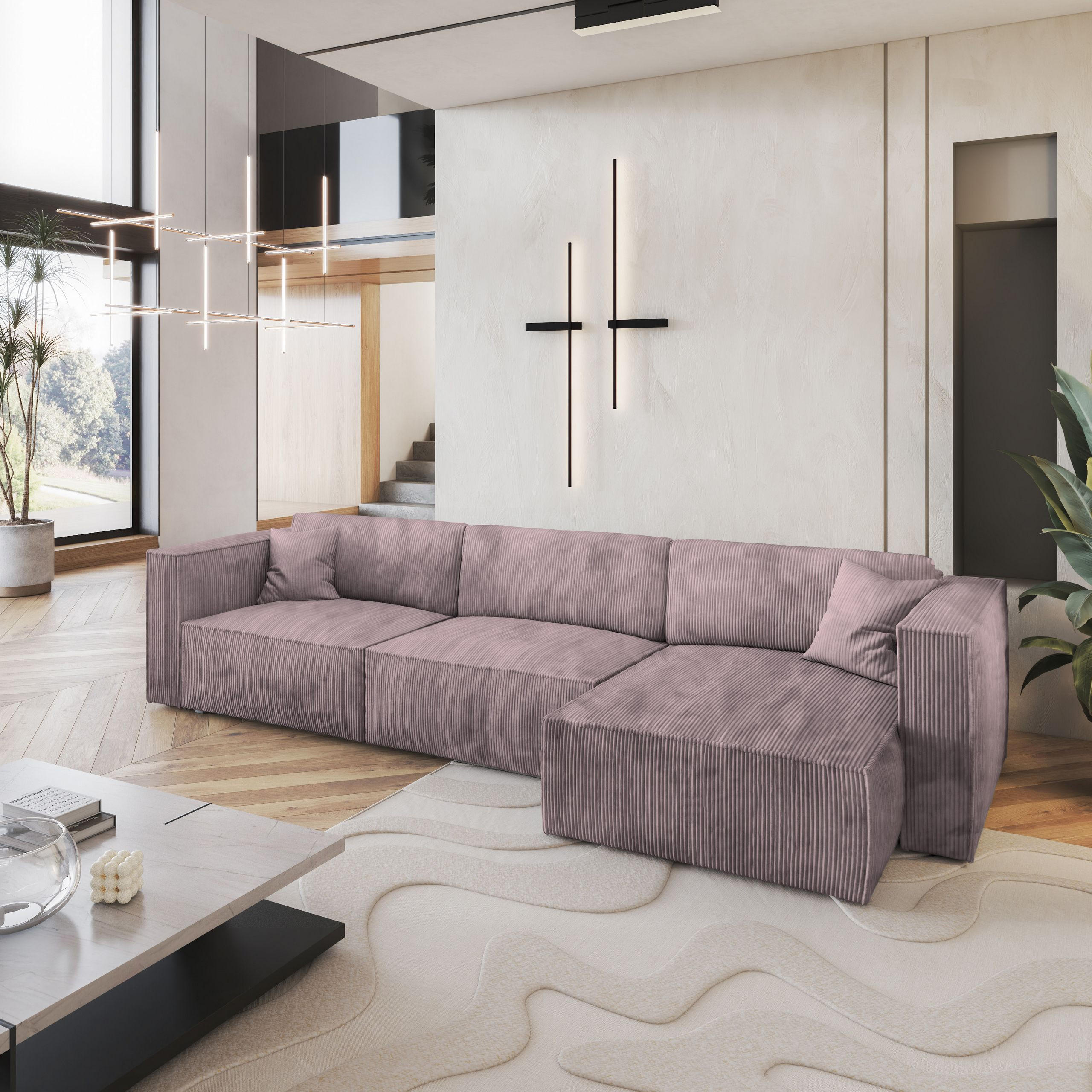ECKSOFA TOLMO P Lila Kordstoff mit Schlaffunktion - Lila, Holz (347/148cm) - MASSENO