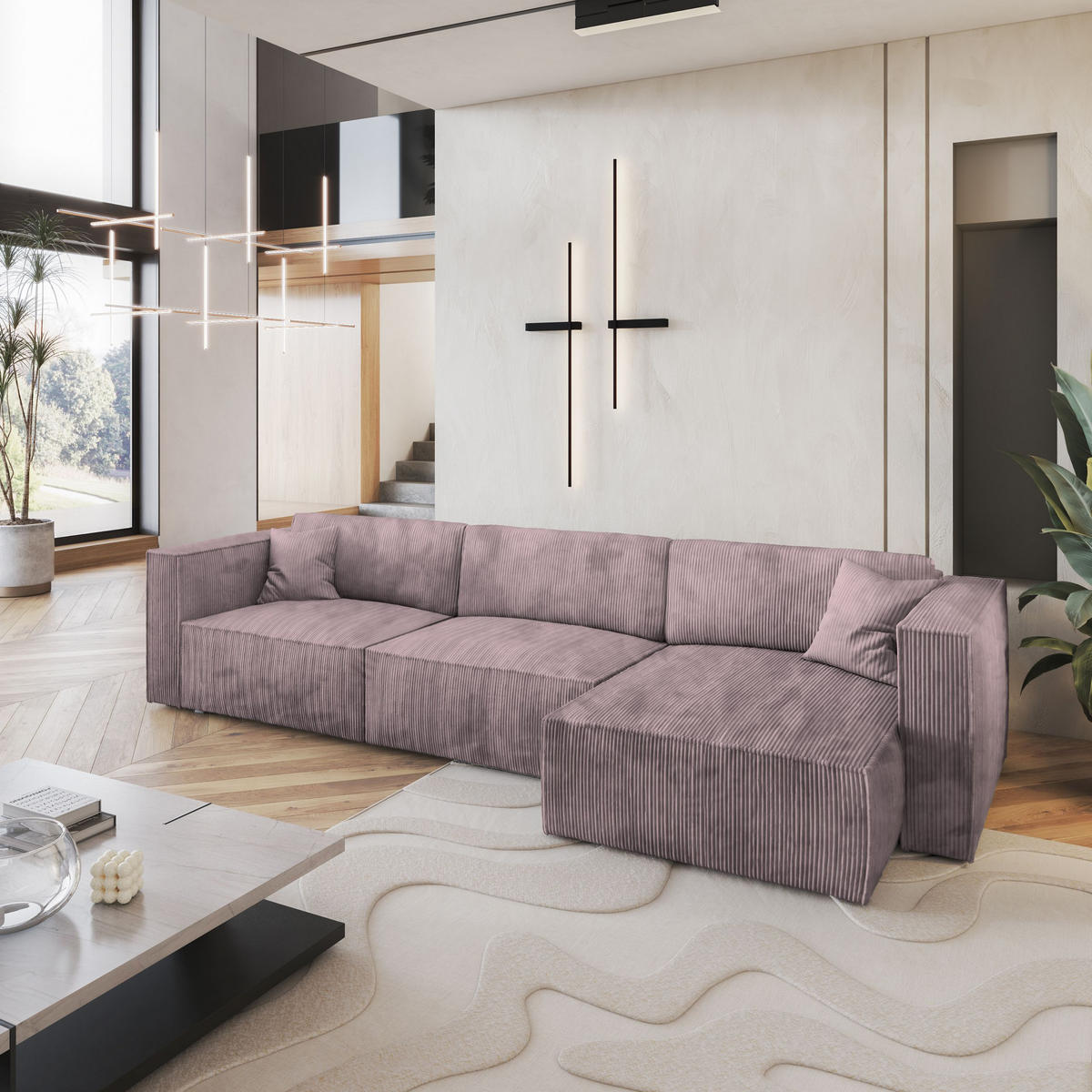 ECKSOFA TOLMO P Lila Kordstoff mit Schlaffunktion - Lila, Holz (347/148cm) - MASSENO