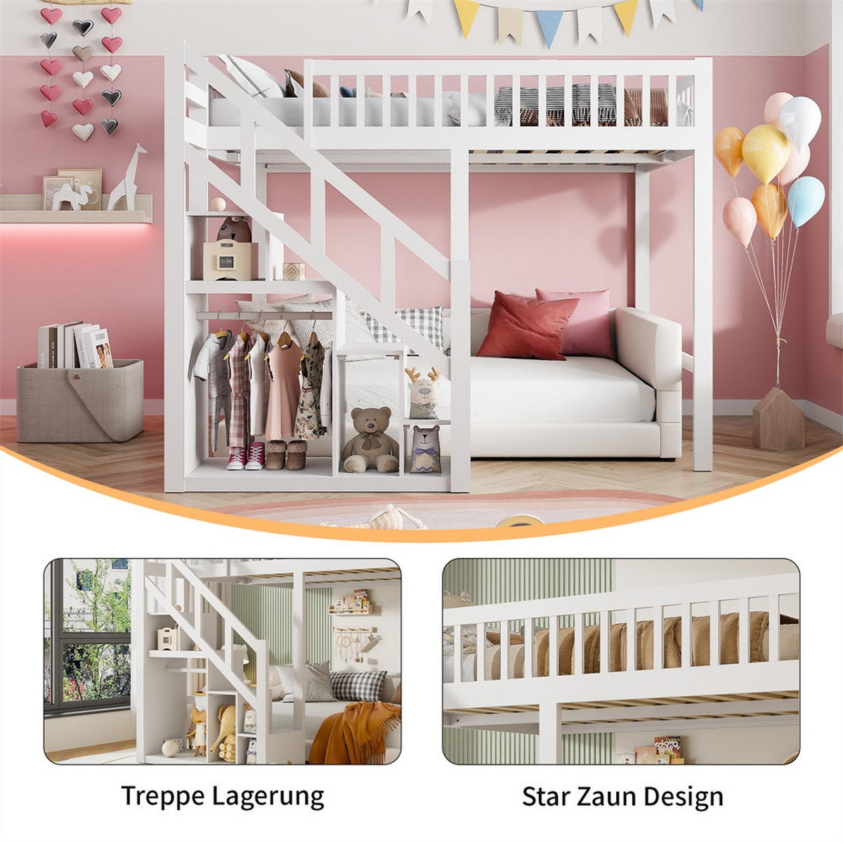 HOCHBETT 140x200 cm - Multifunktionales Kinderbett mit Treppenregal und hohem Rausfallschutz - ohne Matratze - Weiß - Weiß, Holz (140/200cm) - DELFA