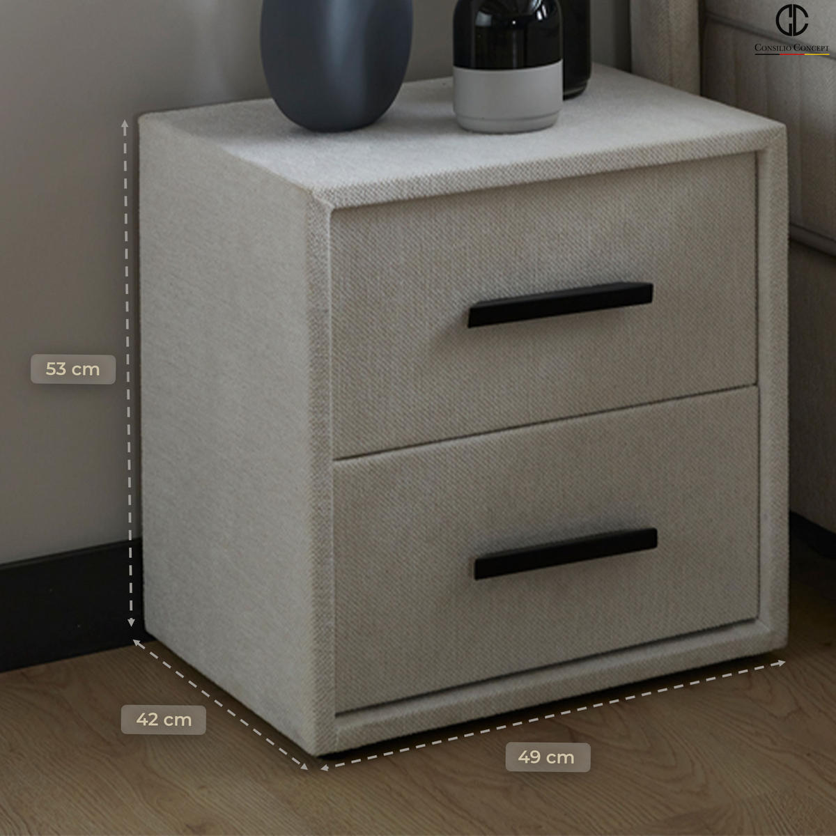 NACHTTISCH PISA 46/53/42 cm, Greige, zwei Schubladen - Greige/Schwarz, Holz/Kunststoff (49/42/53cm) - Consilio Concept