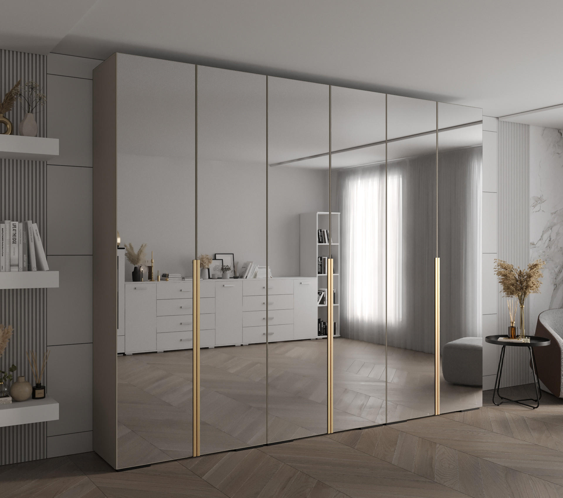 DREHTÜRENSCHRANK 236.7/300/47 6-türig - Kaschmir/Goldfarben, Holz/Metall (300/236.7/47cm) - Abiks Möbel