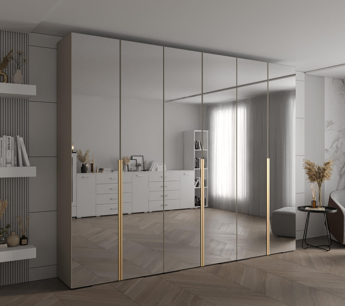 DREHTÜRENSCHRANK 236.7/300/47 6-türig - Kaschmir/Goldfarben, Holz/Metall (300/236.7/47cm) - Abiks Möbel